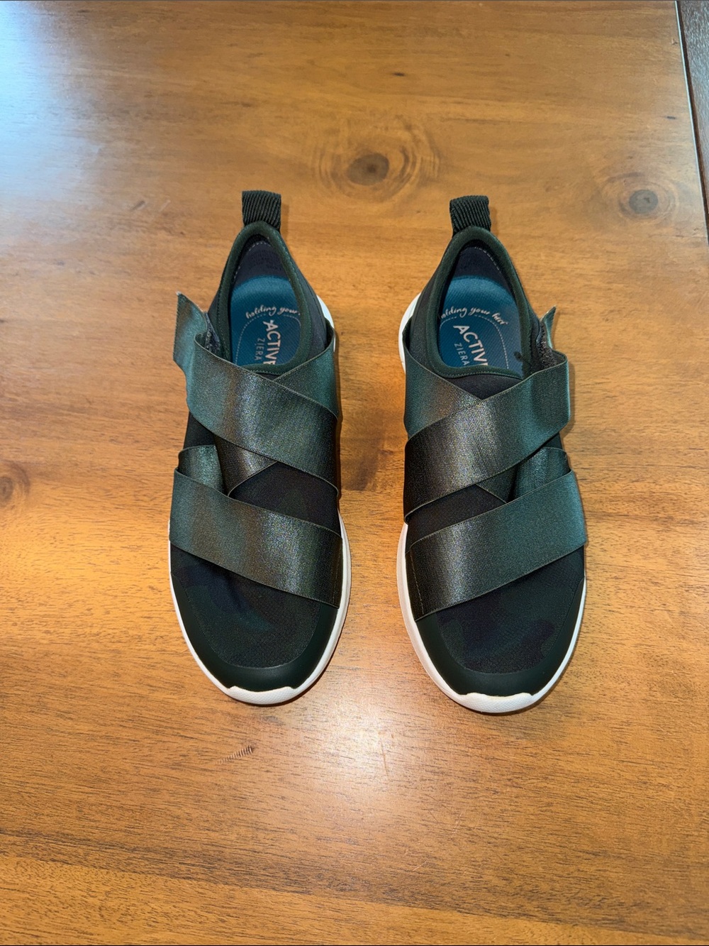 Women’s Ziera Active Slip-On Sneakers with Elastic Cross Straps - Green Camo